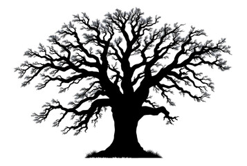Autumn oak tree silhouette vector with roots and branches, a black illustration of nature's design