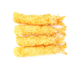 Many tasty tempura shrimps isolated on white, top view