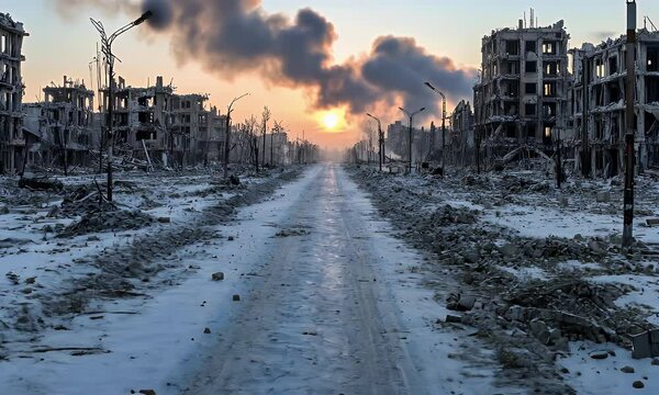 Destroyed city street after war in winter