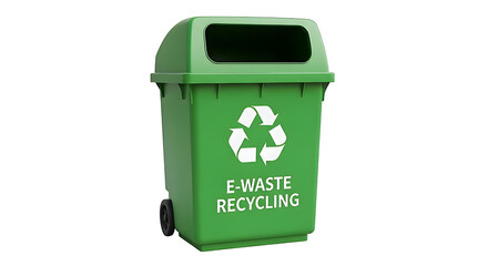 Green recycling bin for e-waste on transparent background. Waste management and electronic disposal concept. Environmental protection for earth day.