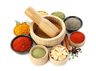 Different aromatic spices isolated on white, above view