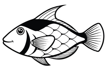 Stylized Black and White Fish Illustration with Detailed Fins and Scales, Peaceful Expression