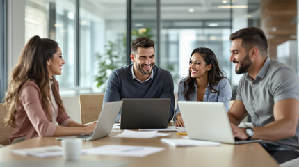 Reunión de equipo con mujeres jóvenes y hombre atractivo en oficina moderna