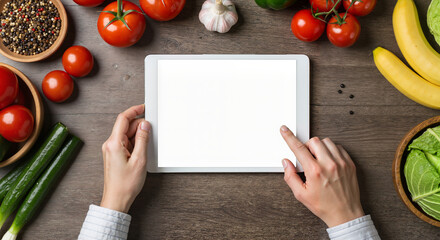 Hands Interacting with Tablet Mockup on Wooden Table with Fresh Produce, Ideal for Grocery App Copy Space
