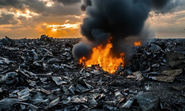 Fire burning in scrapyard at sunset