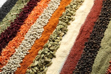 Many different spices as background, closeup view