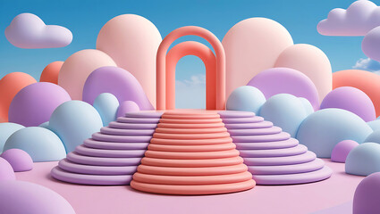 Whimsical Pastel Staircase to Arched Doorway – Dreamy Symmetrical Fantasy Landscape Illustration