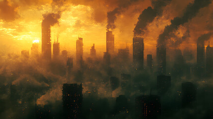 Obraz premium Dense PM2 5 air pollution particles in urbanized dirty skies featuring a foggy and dangerous modern industrial environment with heavy smog grime and contamination Apocalyptic