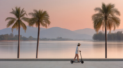 Fototapeta premium person riding scooter on quiet waterfront soft sunset casting warm hues in sky