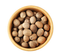 Nutmegs in bowl isolated on white, top view
