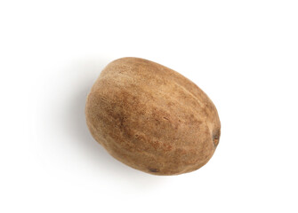 One whole fresh nutmeg isolated on white, top view
