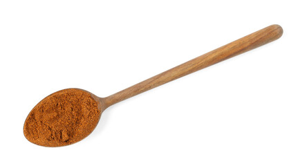 Nutmeg powder in spoon isolated on white, top view