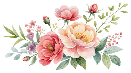 Fototapeta premium Watercolor Floral Arrangement with Pink and Peach Flowers and Green Leaves Transparent PNG