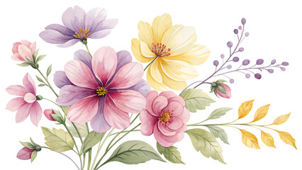 Delicate Watercolor Floral Arrangement with Lavender, Pink, and Yellow Flowers Transparent PNG