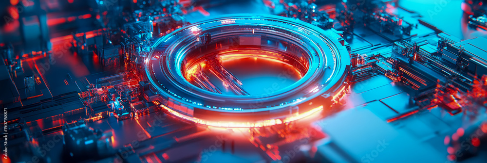 Poster futuristic technological concept: close-up of luminous circuit board with circular ring structure, g