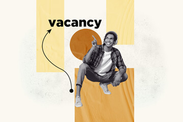 Banner image sketch 3d collage poster of happy employee girl guy stand arrow vacancy hiring interface business human resources cv