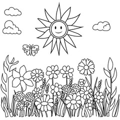 Coloring page for kids flowers kawaii smiling and sun , coloring book for children doodle