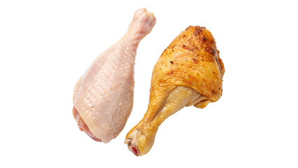 Raw and roasted chicken legs isolated on transparent background