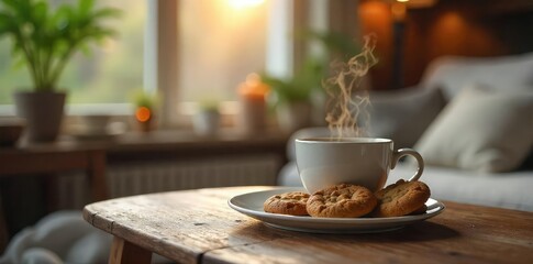 A serene scene of a cozy living room with a steaming mug and a plate of freshly baked cookies, soft lighting enhancing the feeling of calm and comfort , blanket, mindfulness