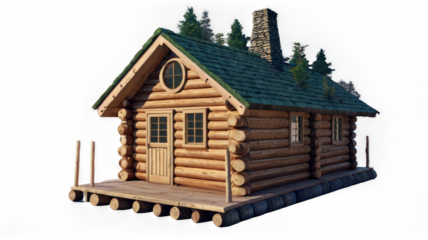 Wooden log cabin on a floating dock.