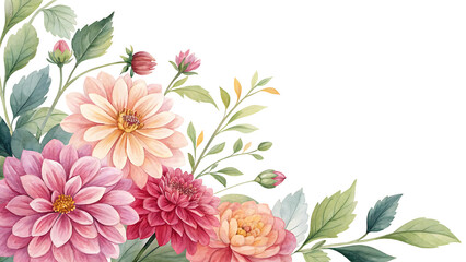 Watercolor Floral Corner Arrangement Featuring Dahlias and Green Leaves on White Background Transparent PNG