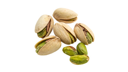 Close-up of pistachio nuts in their shells isolated on transparent background  vibrant color and...