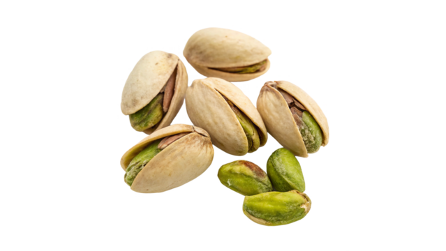 Close-up of pistachio nuts in their shells isolated on transparent background  vibrant color and natural texture