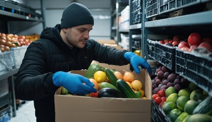 Fototapeta premium Man handles food inventory in cold temperature delivery truck