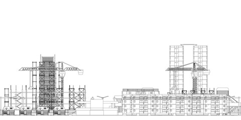 The image is a drawing of a city skyline with two tall buildings. The buildings are separated by a large empty space, giving the impression of a vast urban landscape.