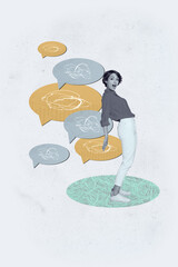 Artwork 3d poster art collage of happy girl guy stand bubble communication chatterbox speech...
