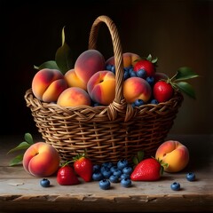 Basket filled with fresh summer fruits including strawberries, blueberries, peaches and greenery, perfect seasonal healthy harvest