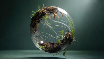Roots and seedlings contained within a glass sphere