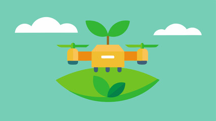 Delivery Drone with Leaf A delivery drone carrying a package that has a leaf emblem flying over a green landscape representing innovative and sustainable delivery ods.