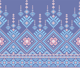 Blue and Violet Geometric Patterns in Pixel Art – Ethnic Textile Design