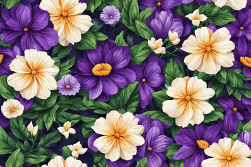 Fototapeta premium Vibrant floral pattern featuring purple and cream blossoms lush green leaves creating a beautiful botanical textile design