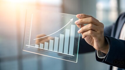 Businessman Presenting Growth Chart on Transparent Screen Display
