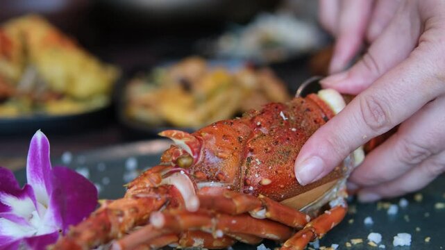 Broiled Maine lobster tail garnished with roasted broccolini and orzo on a black stoneware plate, High quality 4k footage