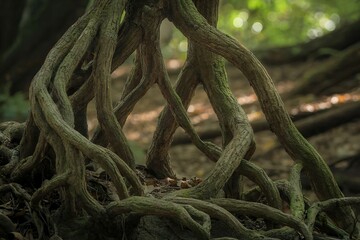 Intertwined tree roots in a woodland setting