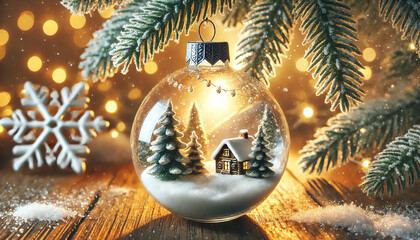 A Christmas ornament scene featuring a glass bauble hanging from a frosty pine branch