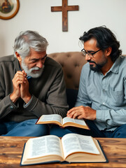 Men, home and bible with prayer for faith, jesus and worship, pastor and church with counselling. Elderly men, diversity and spiritual guidance for grief with loss and depression with hope in god