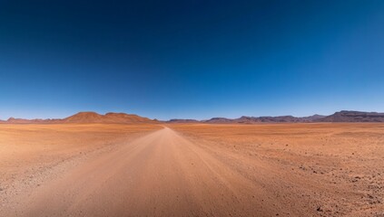 Naklejka premium Panoramic photograph of a long, empty desert road in the Sahara Desert with a clear blue sky