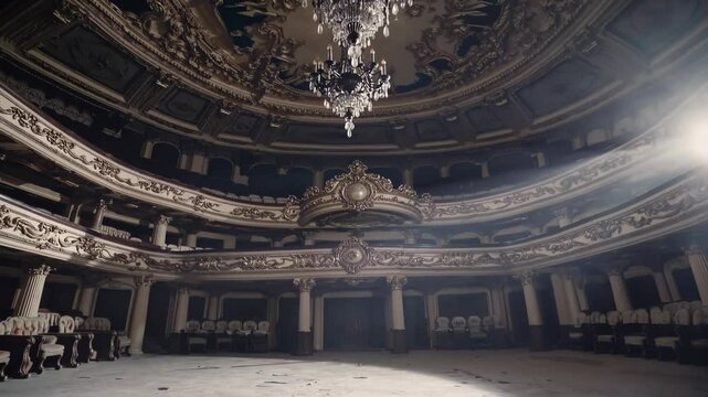 single beam crowns empty theater where gilded balconies wait in hushed splendor. Soft echoes linger across the empty theater and imagination revives the empty theater with unseen applause.