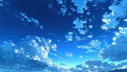 A bright blue sky filled with fluffy white clouds, creating a serene and peaceful atmosphere.