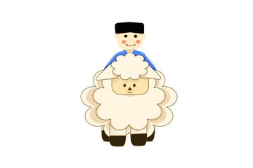 Vector image of a muslim boy riding a sheep on eid al-adha. suitable for flayers, banners and islamic decoration
