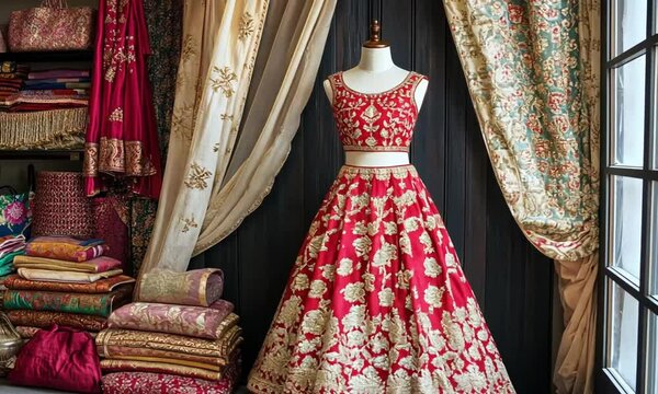 Red & Gold Embroidered Lehenga on Display