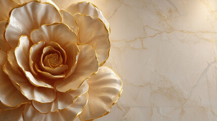 Elegant golden edged flower with pearlescent petals on marble background, luxurious and artistic, perfect for sophisticated interior decor or wall art design