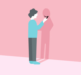 Man drawing smile in his shadow, self love illustration