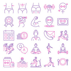 Female fitness club icon set vector isolated. Collection of simple symbols for healthy and active lifestyle. Weight loss, dieting and healthy food. Icon of a woman lifting weight. Group training.
