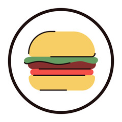 Burger icon vector isolated. Flat illustration of a fast food. Simple symbol of hamburger. Meat, lettuce, tomato and bread bun.