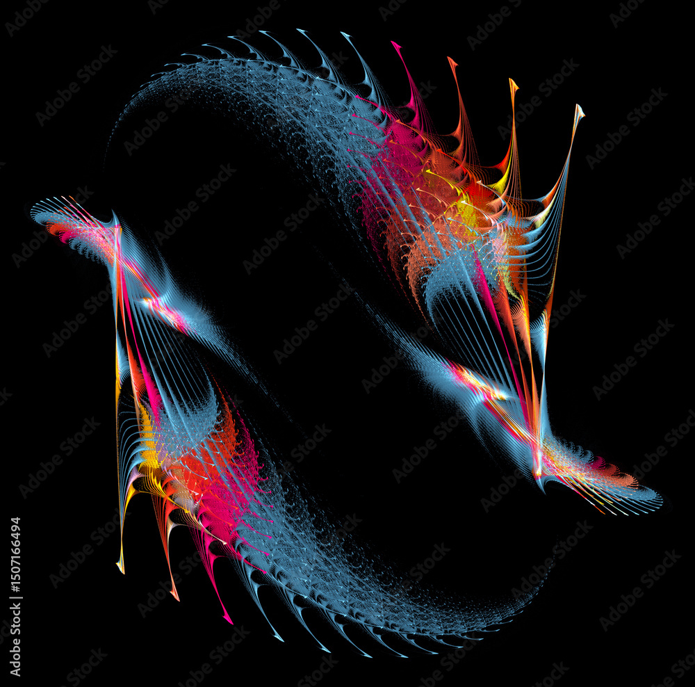 Poster abstract colorful ancient fish with sharp fins swim one after another in a circle on a black backgro